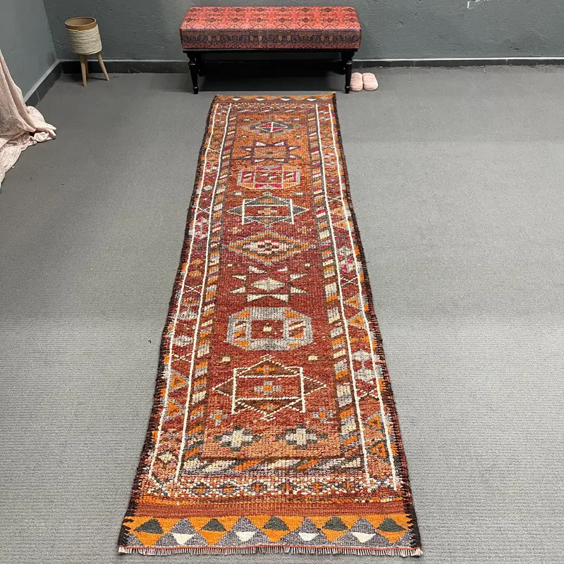 Vintage Türkischer Teppich 2,8x10,7 ft (85x326 cm), Herki Roter Wollteppich - 1