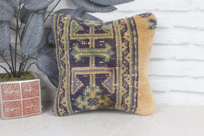 Kilim Pillow, Vintage Pillow, Pillow Sham, 12x12 Yellow Cushion Case, Kilim Pillow Cover, Authentic Cushion Cover, Turkish Rugs Pillow Case - 1