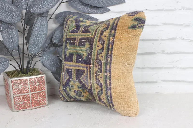 Kilim Pillow, Vintage Pillow, Pillow Sham, 12x12 Yellow Cushion Case, Kilim Pillow Cover, Authentic Cushion Cover, Turkish Rugs Pillow Case - 3