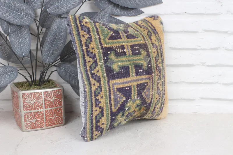 Kilim Pillow, Vintage Pillow, Pillow Sham, 12x12 Yellow Cushion Case, Kilim Pillow Cover, Authentic Cushion Cover, Turkish Rugs Pillow Case - 4