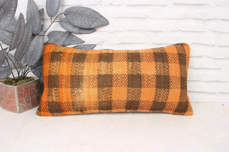 Authentic Cushion Case, Handmade Pillow, Pillow for Sofa, 12x24 Orange Pillow Cover, Pillow Cover, Ethnical Kilim Rug Pillow, Kilim Cushion Sham - 1