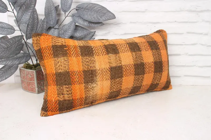 Authentic Cushion Case, Handmade Pillow, Pillow for Sofa, 12x24 Orange Pillow Cover, Pillow Cover, Ethnical Kilim Rug Pillow, Kilim Cushion Sham - 3