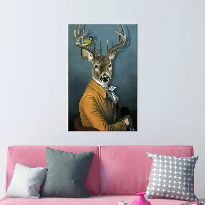 Kuşlu Zarif Geyik Kanvas Tablo - Soyut Hayvanlar Alemi Sanatı
