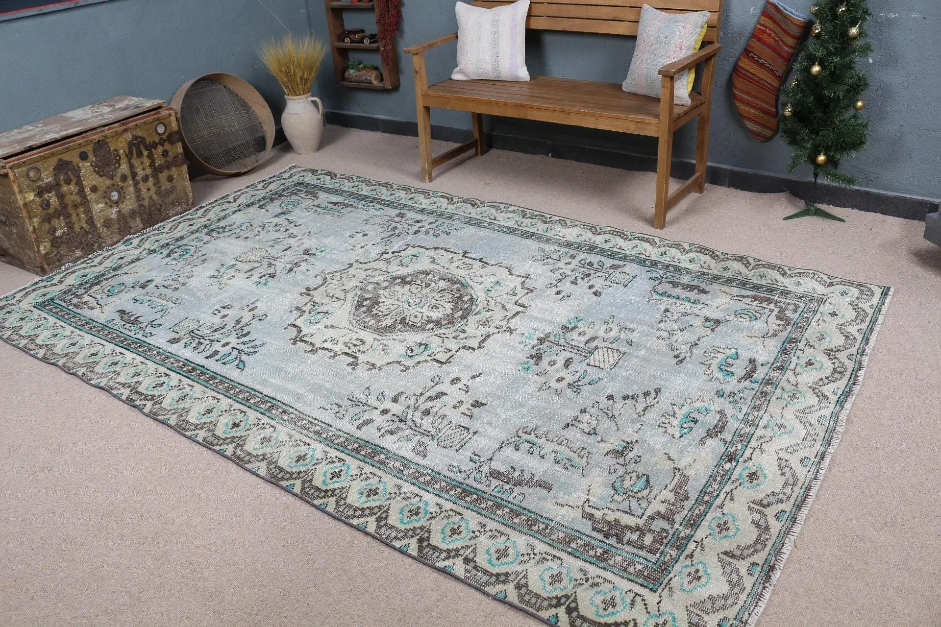 5.9x9.6 ft Türk Halısı, Kilim, Mavi Ombré Halı Yün - 1