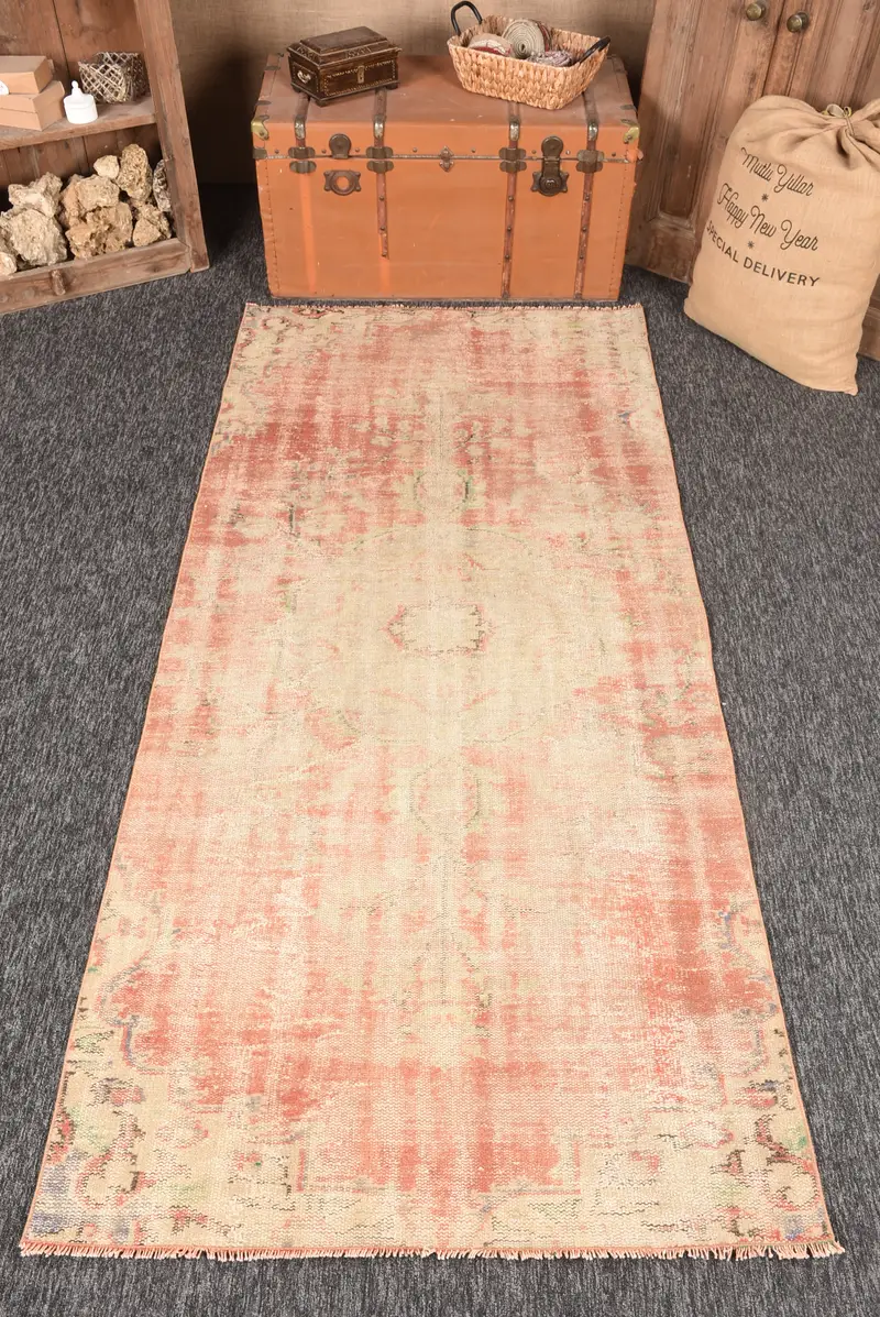 Alfombra turca vintage de 3,8x8,3 pies, alfombra pequeña, alfombra floral naranja Oushak - 1