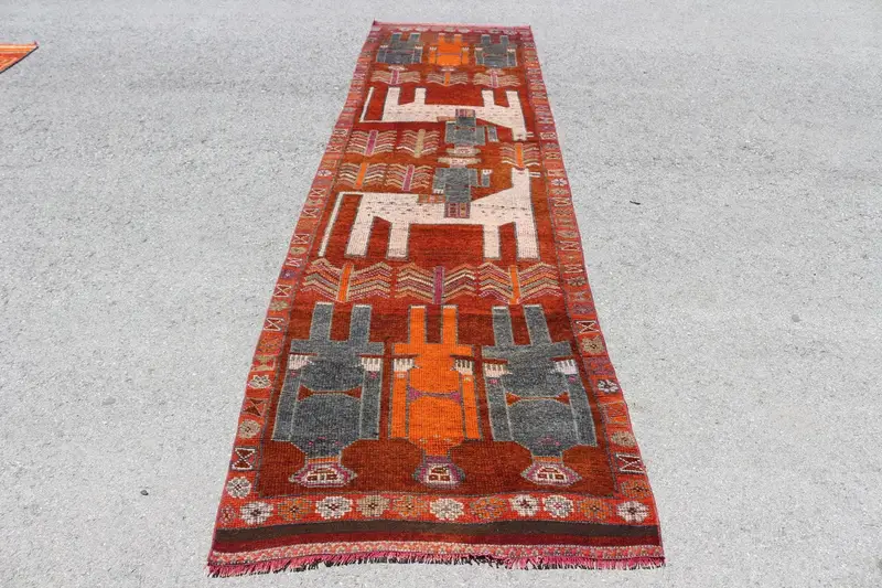 Turkish Vintage Rug, Runner 3.2x11.4 ft (97x347 cm) Rug, Red Floral Wool Rug - 1