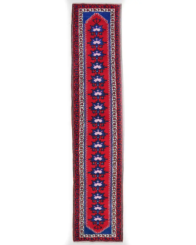 Kırmızı ve Mavi Kareli Halı, 2,7x13,3 ft Zarif Dekor