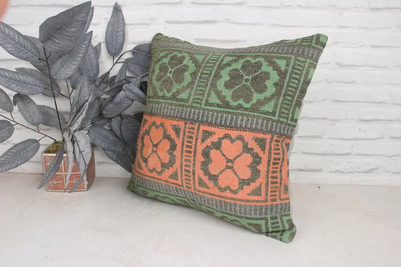 Boho Pillow, Patio Cushion Case, Pillow Cover, Christmas Cushion Cover, Kilim Pillow Cover, 20x20 Green Pillow Sham, Throw Kilim Pillow - 4