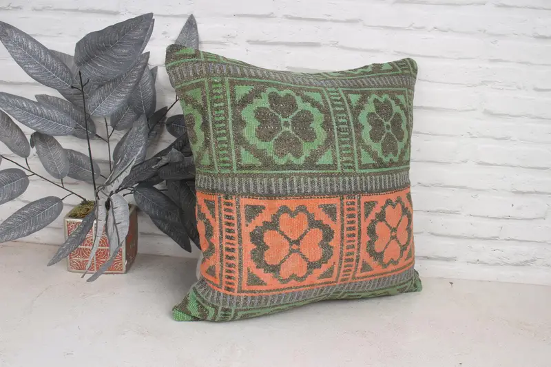 Boho Pillow, Patio Cushion Case, Pillow Cover, Christmas Cushion Cover, Kilim Pillow Cover, 20x20 Green Pillow Sham, Throw Kilim Pillow - 3