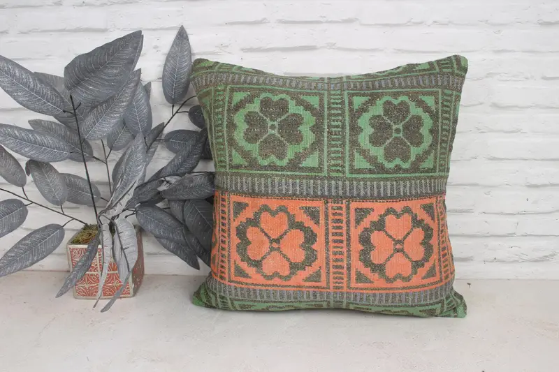 Boho Pillow, Patio Cushion Case, Pillow Cover, Christmas Cushion Cover, Kilim Pillow Cover, 20x20 Green Pillow Sham, Throw Kilim Pillow - 1