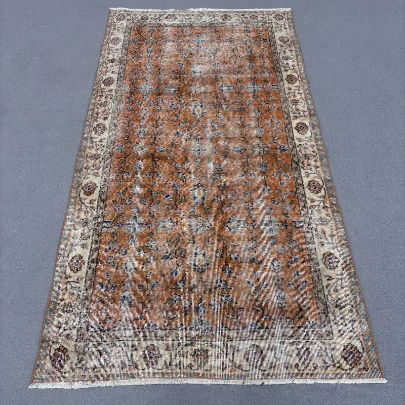 オレンジ&ブルーチェックラグ、3.5x6.7フィートの鮮やかな装飾