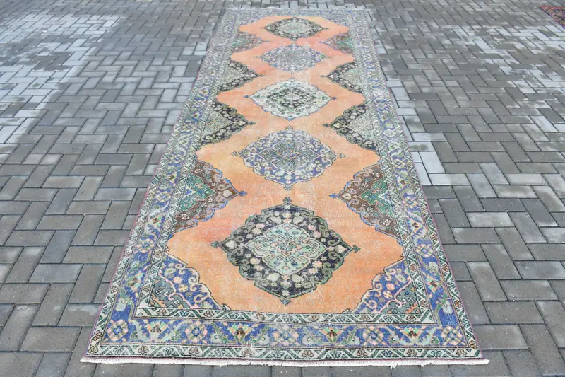 Turkish 4.6x12.9 ft Rug, Oushak Vintage Rug, Orange Patchwork Rug Wool - 1