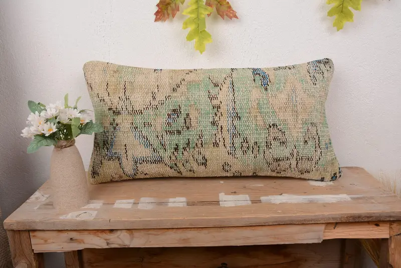 Handmade Green Linen Throw Pillow, Vintage Floral 12x24 Pillow