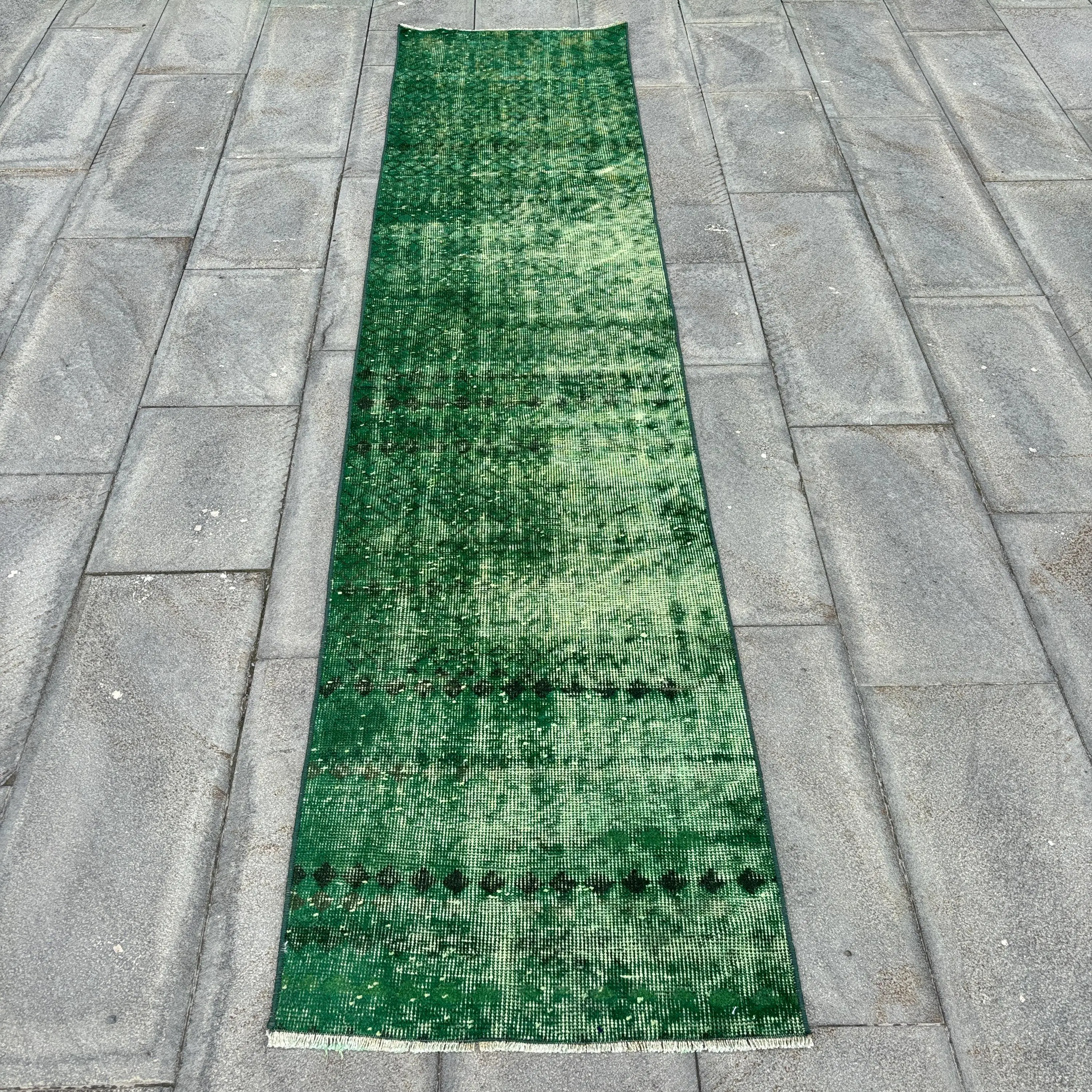 Türkischer 2,1x9,1 ft Läuferteppich, Vintage Teppich, grüner Blumenteppich - 1