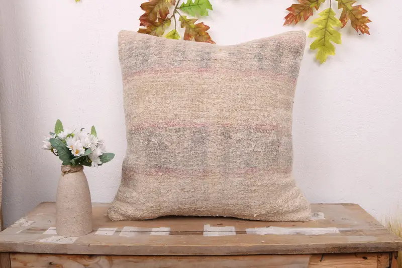 Outdoor Throw Pillow Cover, Kilim Rug Pillow, 18x18 Beige Cushion, Cushion Case, Turkish Pillow, Kilim Cushion Sham, Gift Pillow - 1