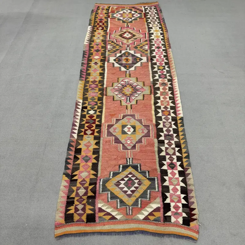 Alfombra Vintage Runner 3.5x11.4 ft, alfombra turca de lana floral roja Kilim - 1