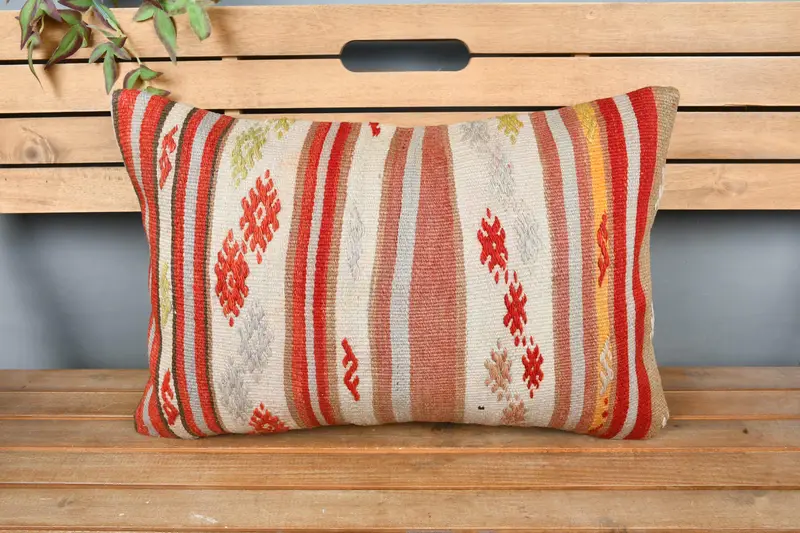 Boho Throw Pillow Cover, Turkish Kilim Pillow, Pillow for Sofa, 16x24 Red Cushion Case, Handmade Kilim Cushion, Pillow Cover - 6