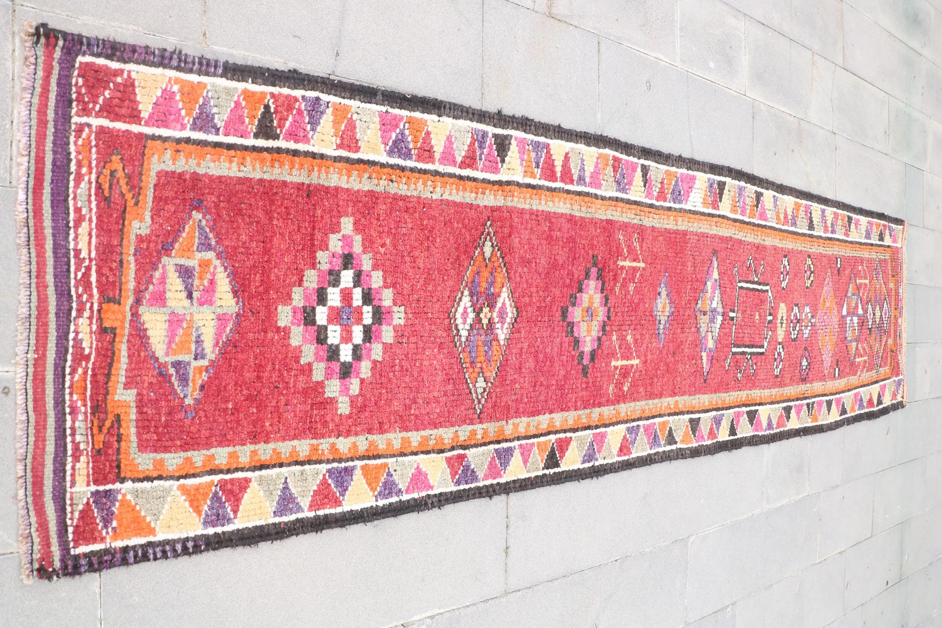 3x12.5 ft Turkish Vintage Rug, Runner Rug, Red Herki Camouflage Rug - 1