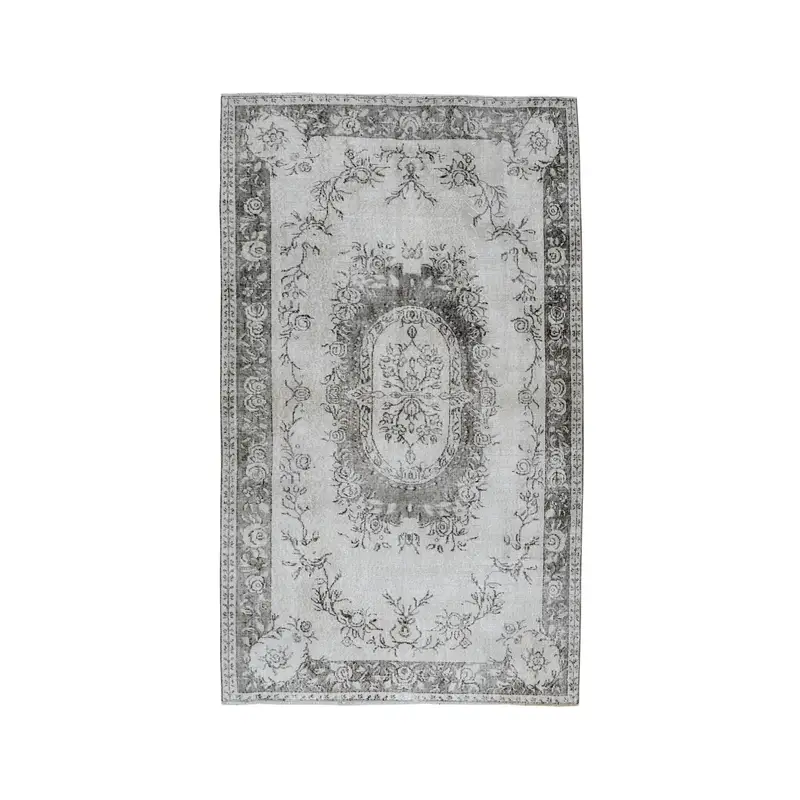 Türkischer Oushak-Teppich 5,2 x 8,9 Fuß, Vintage-Teppich aus grau-schwarz karierter Wolle - 1