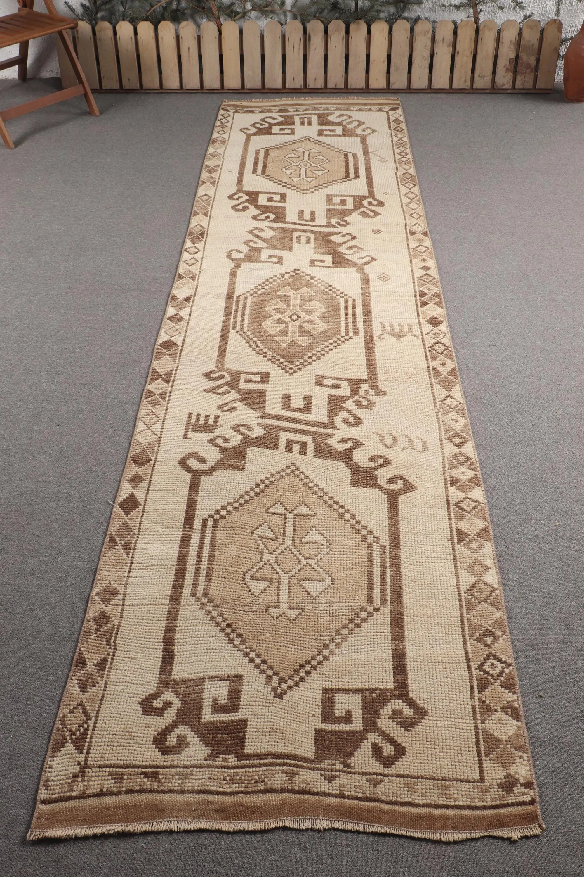 3.2x11.4 ft Vintage Rug, Brown Check Turkish Rug Wool - 1
