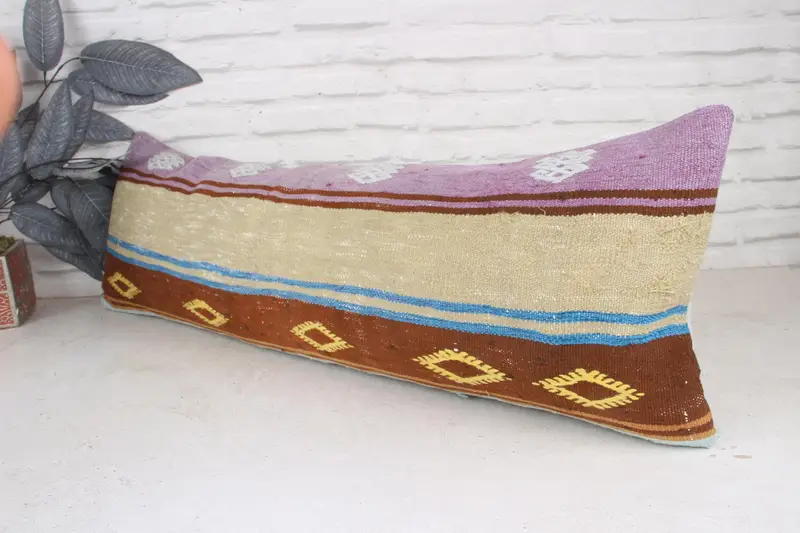 Turkish Kilim Pillow, Turkish Pillow, Pillow Case, Gift Pillow, 12x36 Purple Pillow Case, Outdoor Patio Pillow, Cozy Throw Cushion Cover - 4