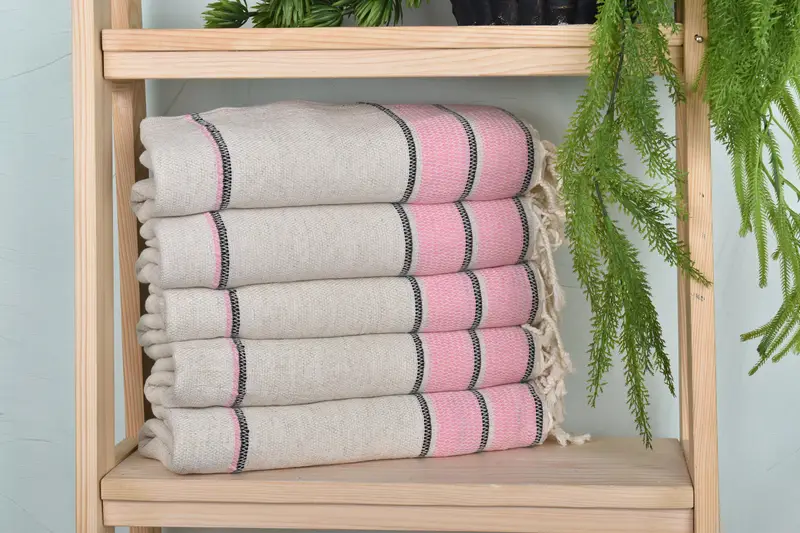 Pink Linen Towel Striped, Turkish Towel, 36x71 Inches