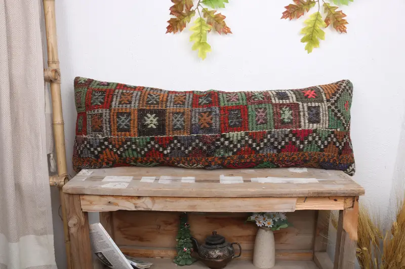 Green & Purple Embroidered Throw Pillow, Handmade Linen Cushion