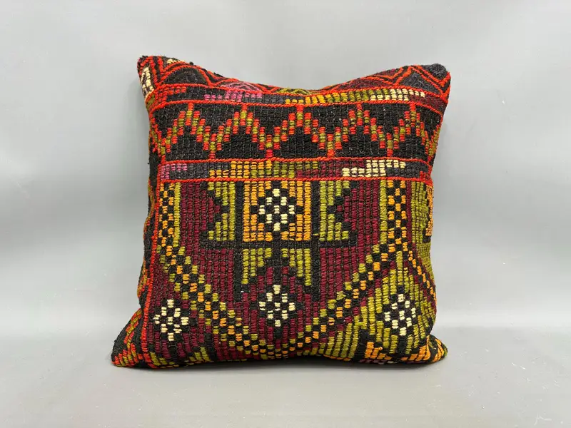 Cushion Case, Boho Pillow, Ottoman Pillow, Ethnical Kilim Rug Pillow, Antique Pillows, Square Throw Cushion Case, 20x20 Green Pillow Case - 4