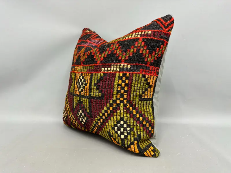 Cushion Case, Boho Pillow, Ottoman Pillow, Ethnical Kilim Rug Pillow, Antique Pillows, Square Throw Cushion Case, 20x20 Green Pillow Case - 3