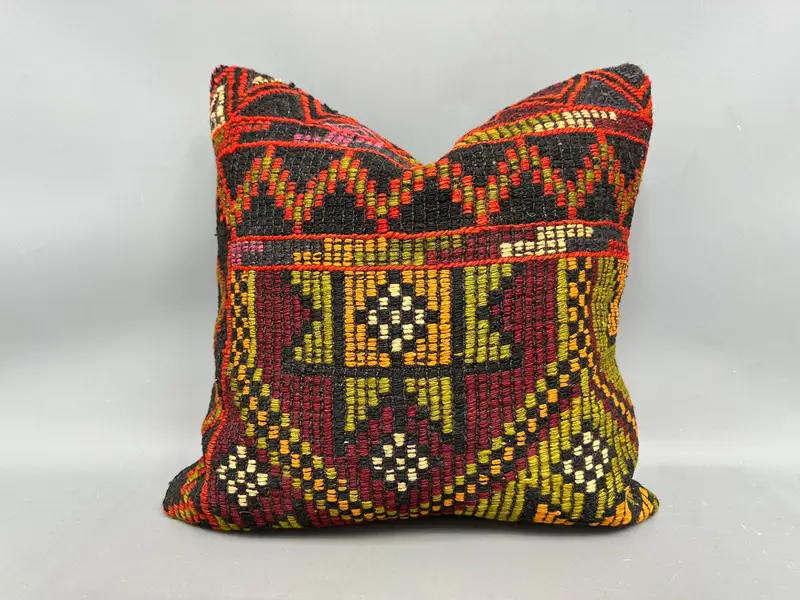 Cushion Case, Boho Pillow, Ottoman Pillow, Ethnical Kilim Rug Pillow, Antique Pillows, Square Throw Cushion Case, 20x20 Green Pillow Case - 1