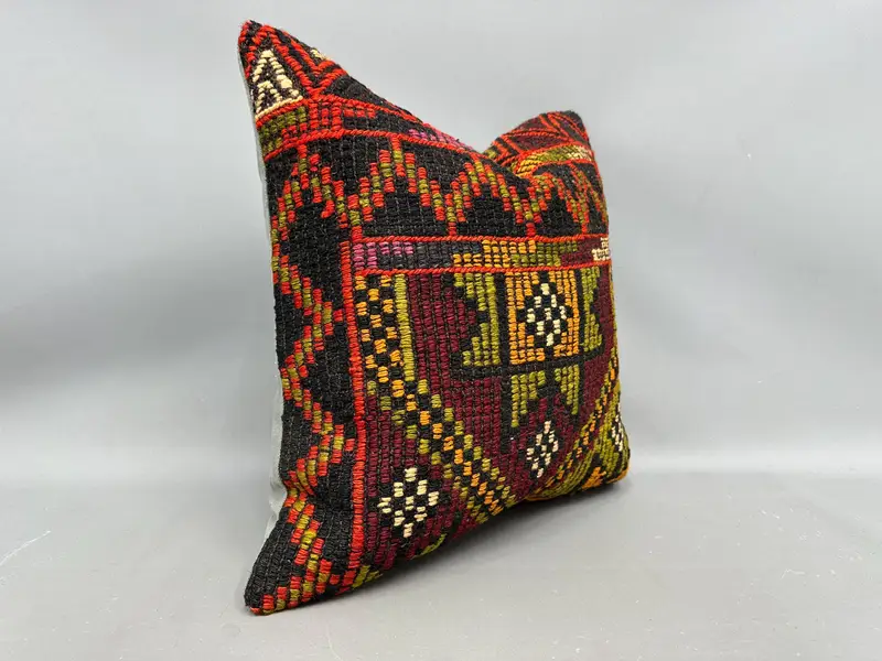 Cushion Case, Boho Pillow, Ottoman Pillow, Ethnical Kilim Rug Pillow, Antique Pillows, Square Throw Cushion Case, 20x20 Green Pillow Case - 2