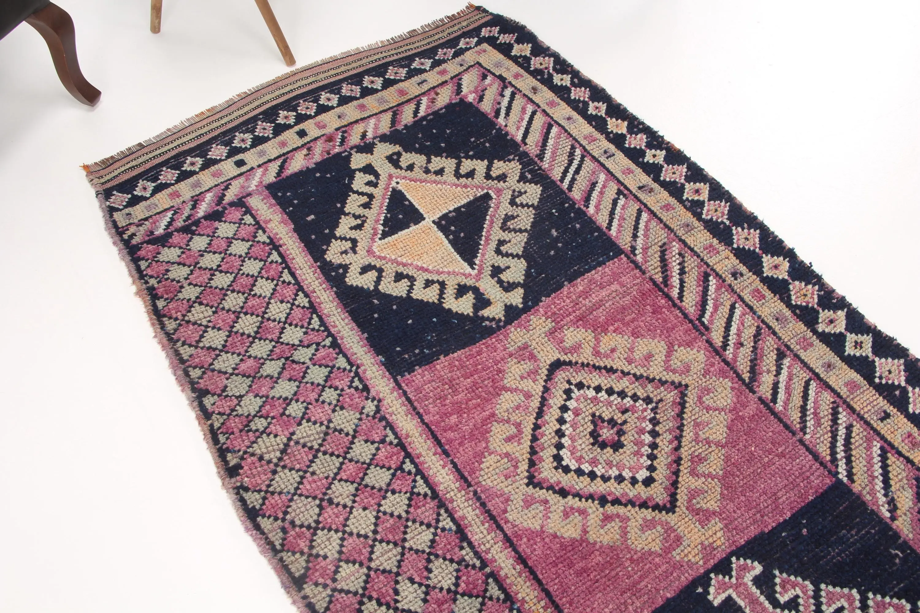 3.3x8.8 ft Rug, Turkish Vintage Rug, Pink Blue Bordered Rug - 1