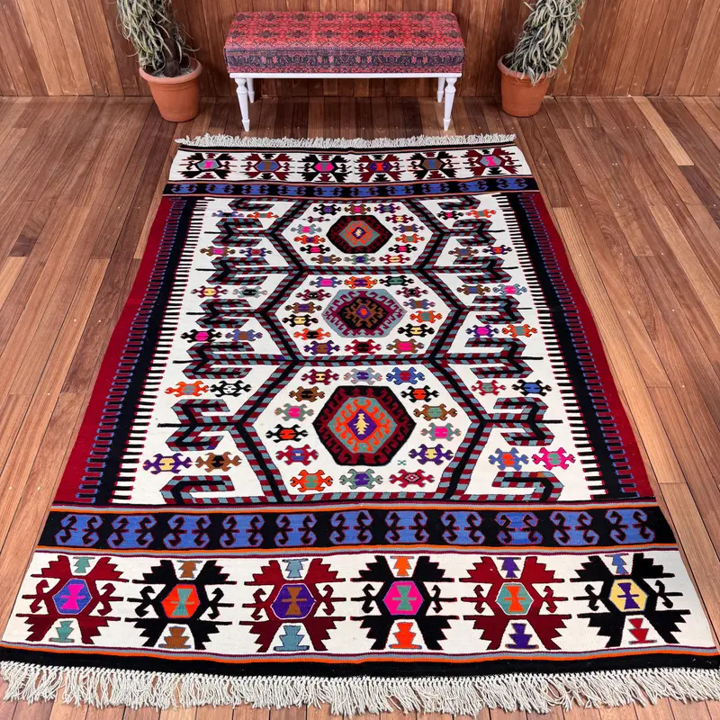 Vintage Turkish Oushak Rug 6.3x9 ft (191x274 cm), Red Floral Wool Rug - 1