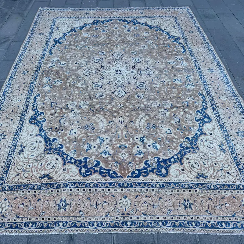 Vintage Oversize Rug, 9.1x12.9 ft Turkish Rug, Blue Oushak Wool Rug - 1