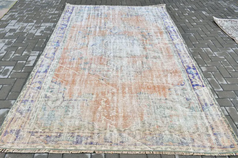Türkischer großer Teppich 6,2 x 9,4 Fuß, braun-blauer Ikat-Teppich aus Wolle - 1