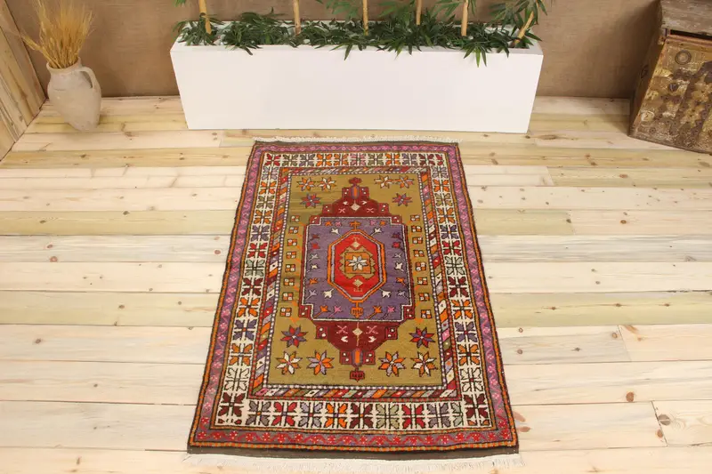 Handmade Green & Blue Rug, 0.3x4.8 ft Southwestern Charm