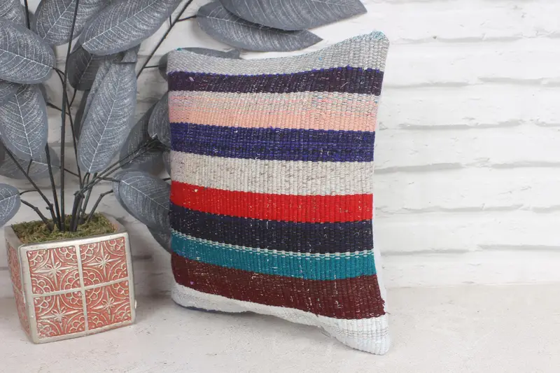 12x12 Blue Pillow Cover, Cushion Cover, Boho Pillow Sham Cover, Turkish Pillow, Kilim Pillow Cover, Vintage Kilim Pillow Pillow Sham - 3