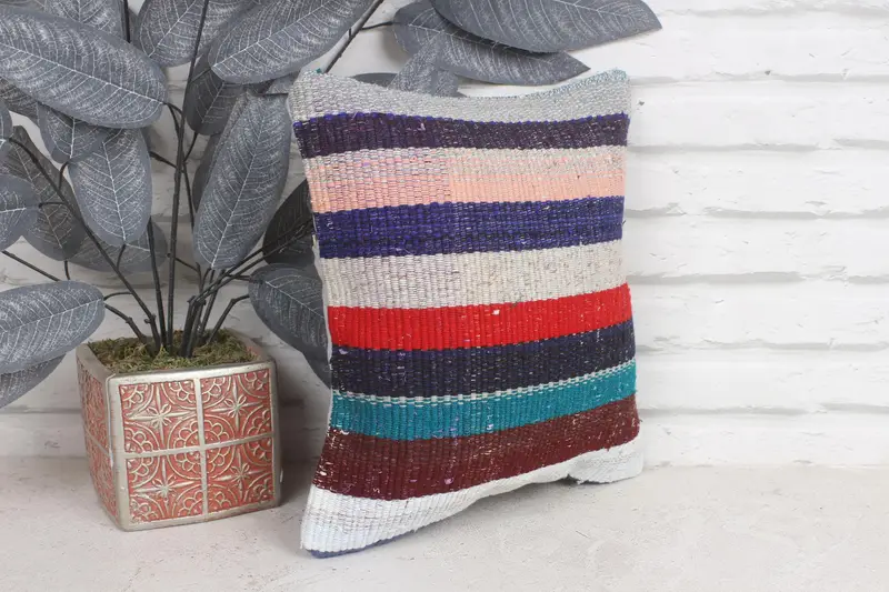 12x12 Blue Pillow Cover, Cushion Cover, Boho Pillow Sham Cover, Turkish Pillow, Kilim Pillow Cover, Vintage Kilim Pillow Pillow Sham - 4