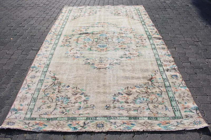 5.6x9.5 ft Turkish Oushak Rug, Vintage Rug, Blue Striped Wool Rug - 1