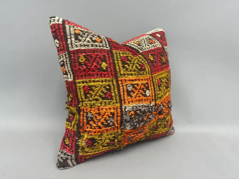 Pillow Sham, Ethnical Kilim Rug Pillow, Kilim Cushion Sham, Crochet Pattern Pillow Sham, 18x18 Green Pillow Sham, Vintage Kilim Throw Pillow - 2