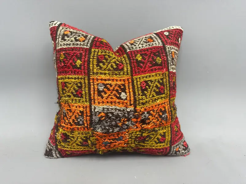 Pillow Sham, Ethnical Kilim Rug Pillow, Kilim Cushion Sham, Crochet Pattern Pillow Sham, 18x18 Green Pillow Sham, Vintage Kilim Throw Pillow - 1