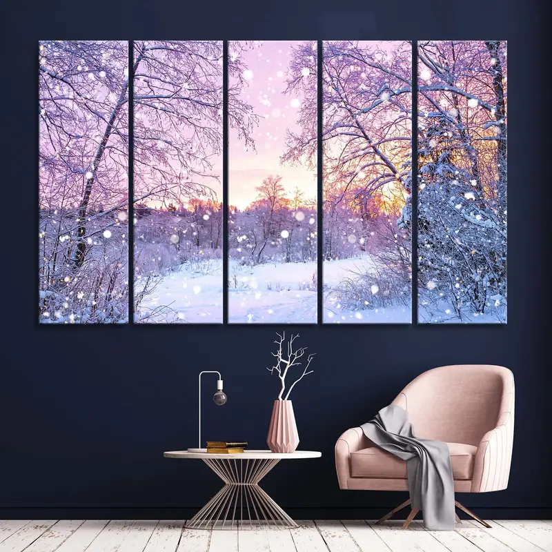 Magische Winterlandschaft, rosa Schneeplakat, wunderschöne Winterkunst, Schneewald -Leinwand, Winterschnee -Wanddekor, Schneeabdruck, Sonnenaufgang Canvas - 3