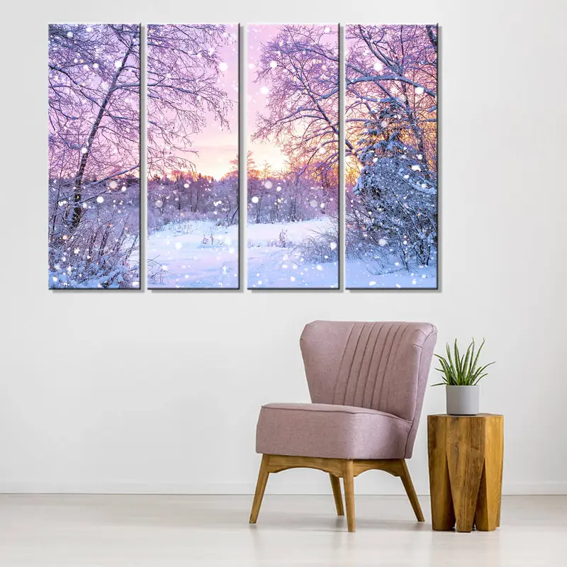 Magische Winterlandschaft, rosa Schneeplakat, wunderschöne Winterkunst, Schneewald -Leinwand, Winterschnee -Wanddekor, Schneeabdruck, Sonnenaufgang Canvas - 4
