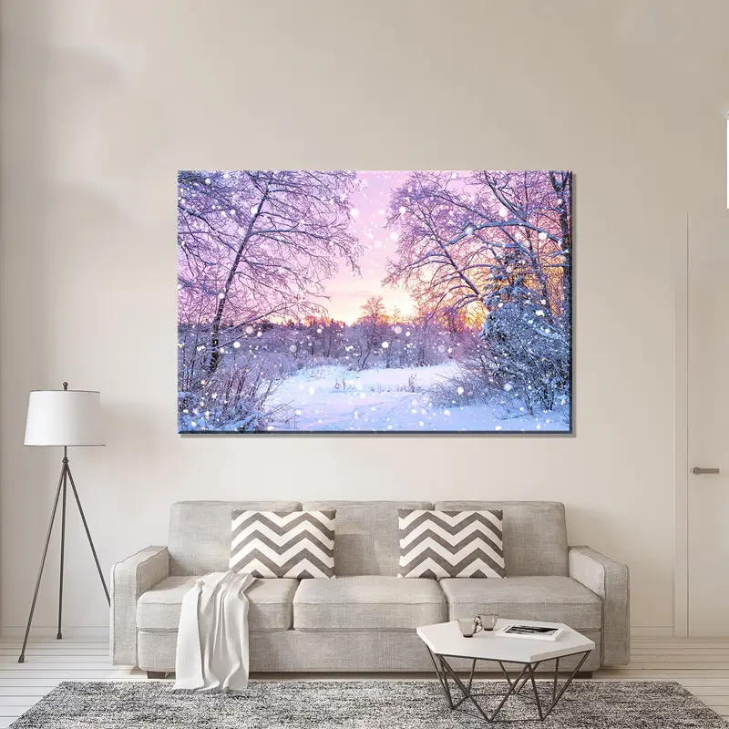 Magische Winterlandschaft, rosa Schneeplakat, wunderschöne Winterkunst, Schneewald -Leinwand, Winterschnee -Wanddekor, Schneeabdruck, Sonnenaufgang Canvas - 5