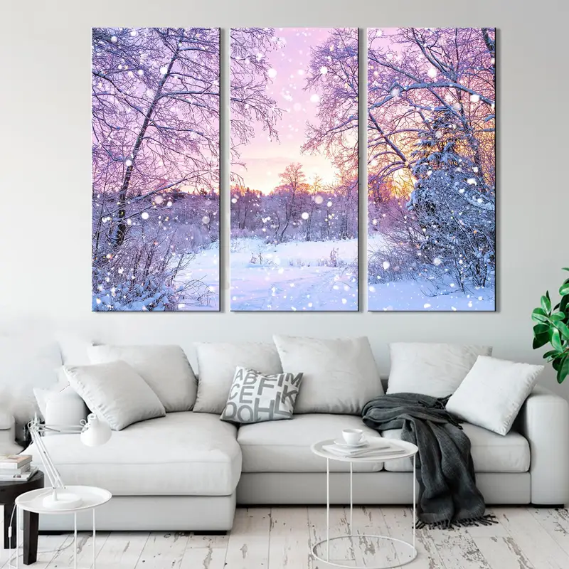 Magische Winterlandschaft, rosa Schneeplakat, wunderschöne Winterkunst, Schneewald -Leinwand, Winterschnee -Wanddekor, Schneeabdruck, Sonnenaufgang Canvas - 1