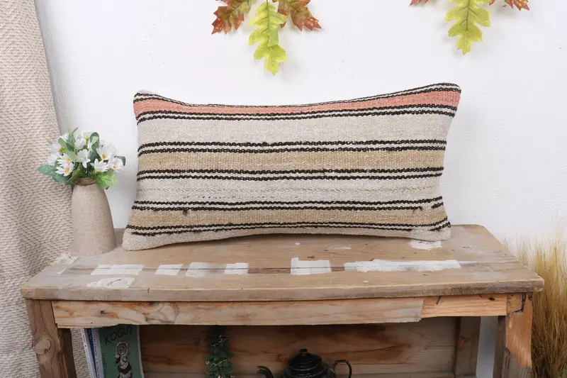 Neutral Cushion Case, 12x24 Beige Cushion Case, Pillow Case, Kilim Pillow Cover, Muted Pillow Cover, Pillow for Couch, Ethnical Kilim Rug Pillow - 1