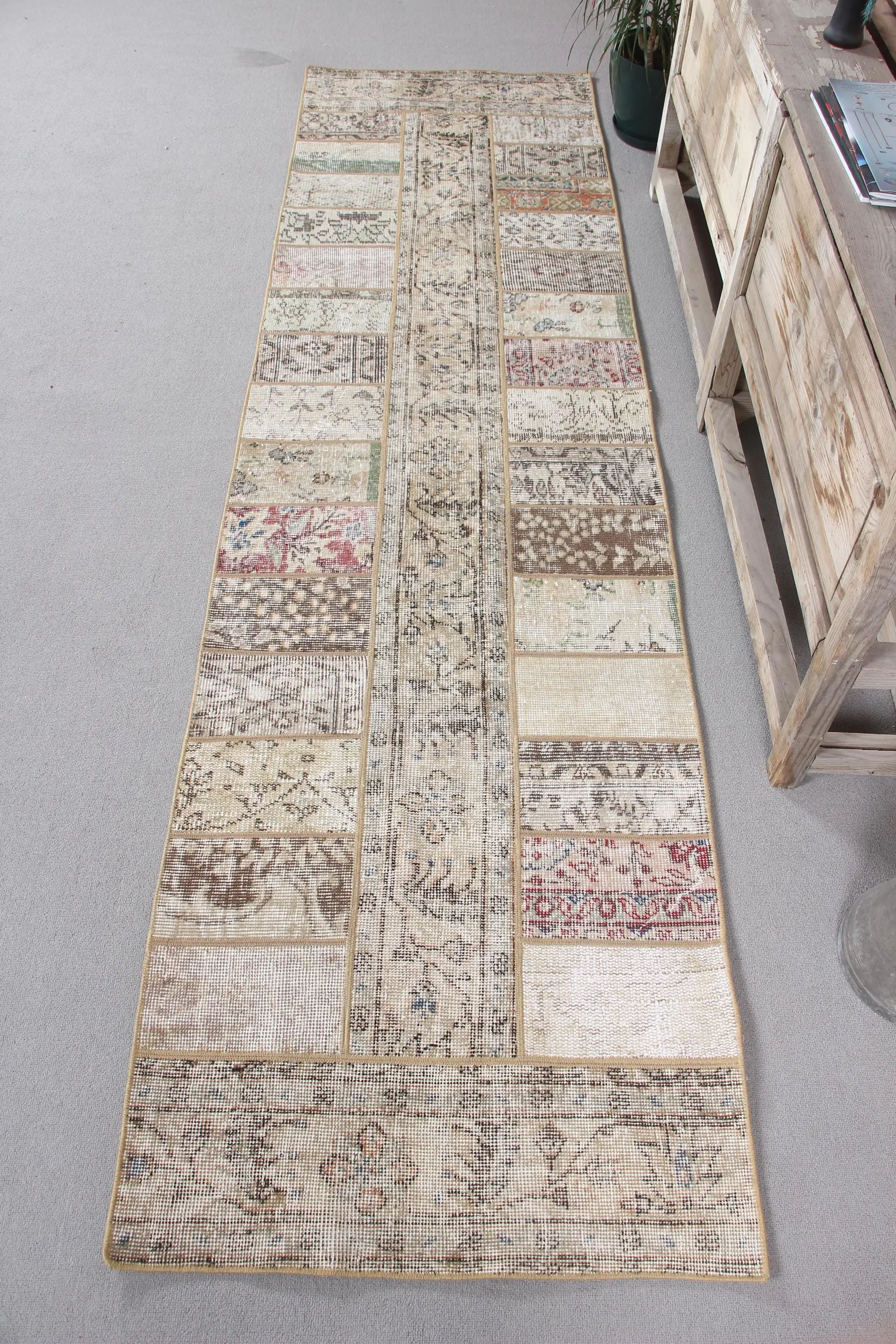 Turkish Runner Rug 2.5x9.3 ft (75x282 cm), Brown Patchwork Vintage Rug - 1
