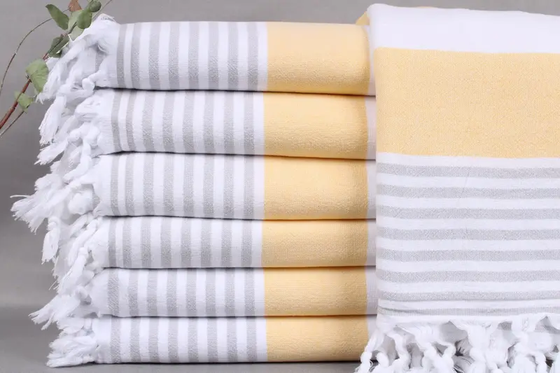 Beach Towel Personalized Turkish Cotton Yellow-Light Gray Stripes, 36x67 Inches