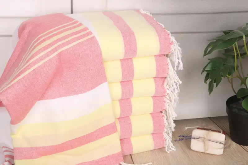 Striped Towel Beach Towel Coral-Light Yellow Organic Cotton, 70x40 Inches