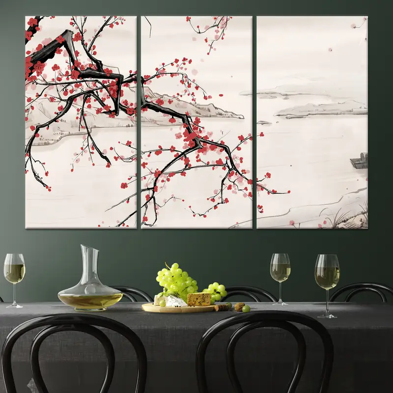 Minimal Japon Manzara Ağacı Çiçek Baskılı Kanvas Tablo